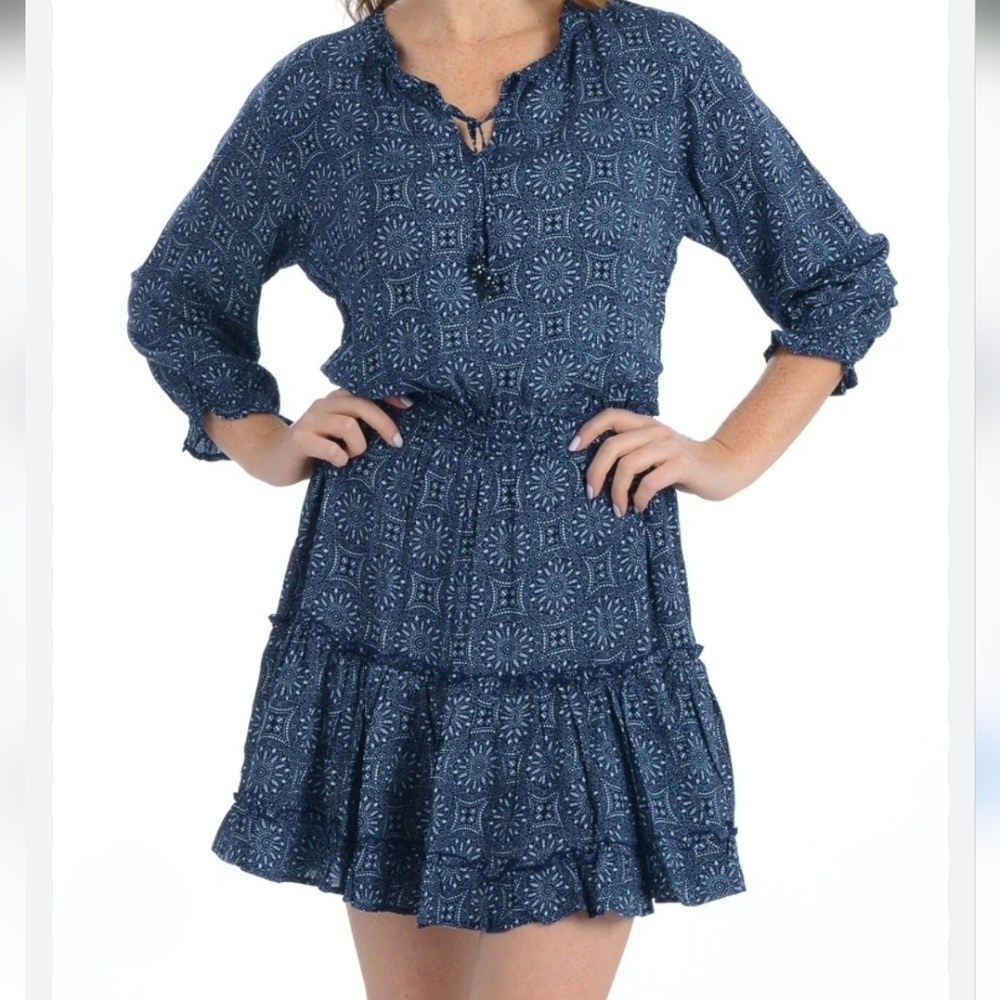 Walker & Wade Mini Dress,Blue Print, 3/4 Sleeves,Gathered Wais 100% Rayon SizeXL